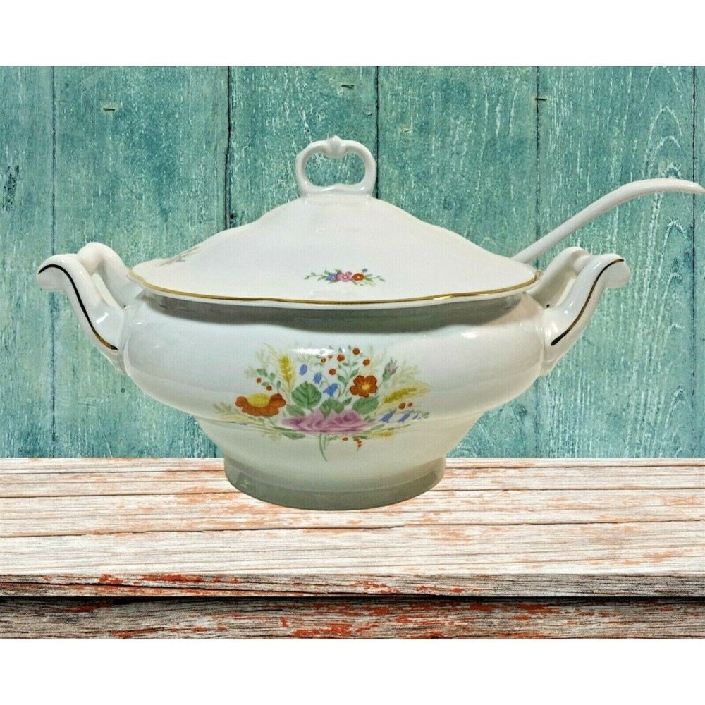 Vintage Favolina POLAND Soup Tureen & Ladle Floral